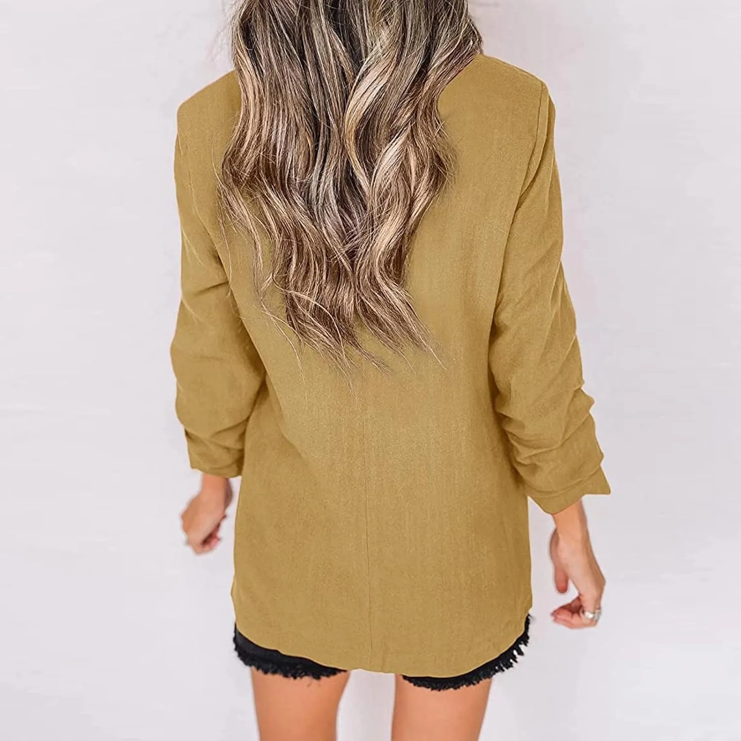 Womens Linen Blazer Casual Ruched 3/4 Sleeve Open Front Notched Lapel Jackets Lightweight Work Office Blazer Jackets