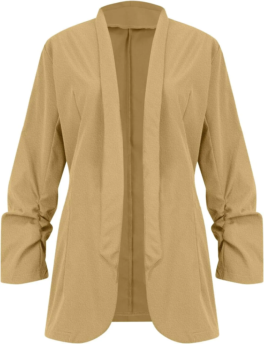 Womens Linen Blazer Casual Ruched 3/4 Sleeve Open Front Notched Lapel Jackets Lightweight Work Office Blazer Jackets