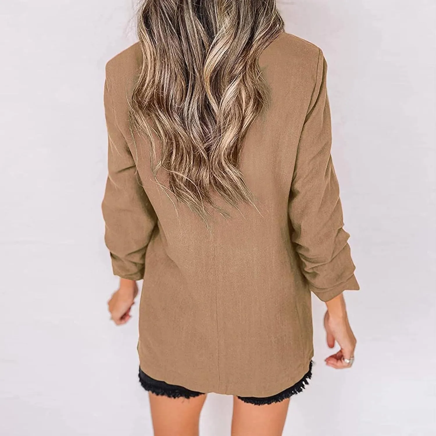 Womens Linen Blazer Casual Ruched 3/4 Sleeve Open Front Notched Lapel Jackets Lightweight Work Office Blazer Jackets