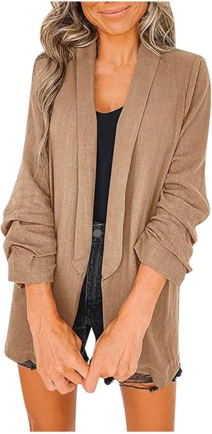 Womens Linen Blazer Casual Ruched 3/4 Sleeve Open Front Notched Lapel Jackets Lightweight Work Office Blazer Jackets