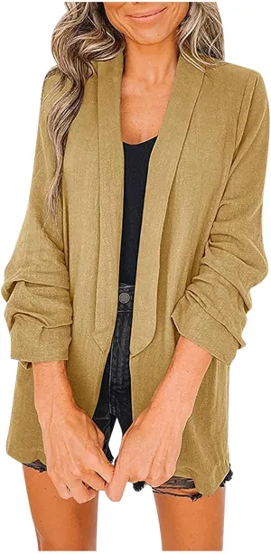 Womens Linen Blazer Casual Ruched 3/4 Sleeve Open Front Notched Lapel Jackets Lightweight Work Office Blazer Jackets