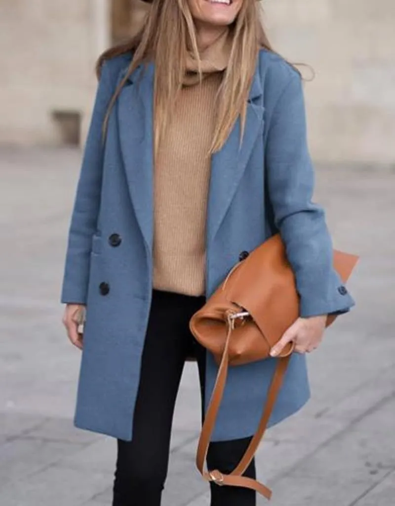 Women's Notched Lapel Collar Coat Double Breasted Winter Coats Wool Blend Pea Coats Casual Mid-Lenth Trench Coat