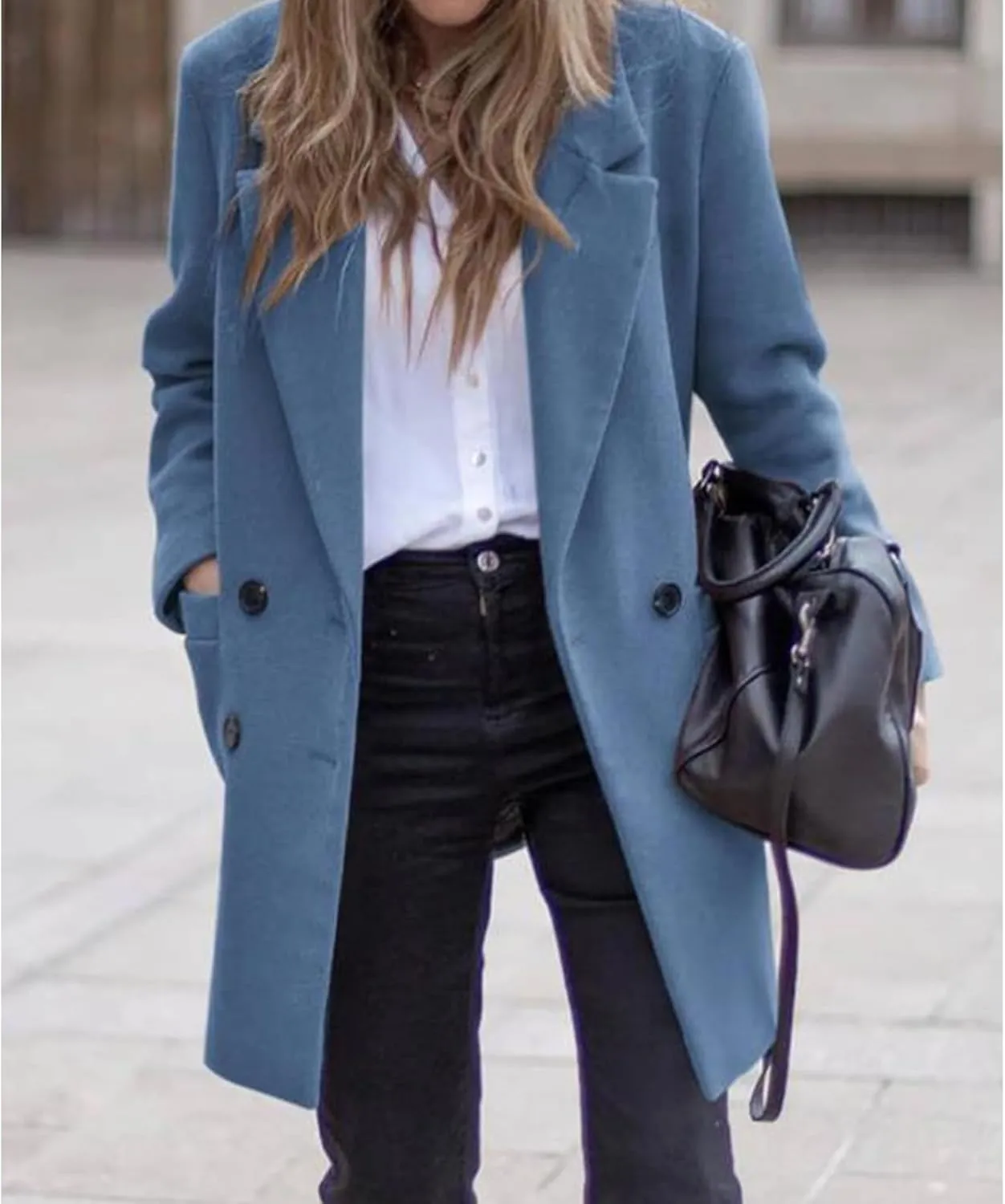 Women's Notched Lapel Collar Coat Double Breasted Winter Coats Wool Blend Pea Coats Casual Mid-Lenth Trench Coat