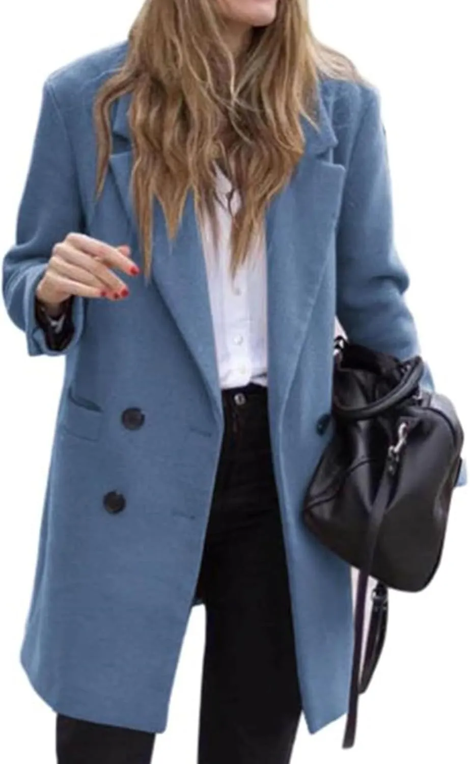 Women's Notched Lapel Collar Coat Double Breasted Winter Coats Wool Blend Pea Coats Casual Mid-Lenth Trench Coat