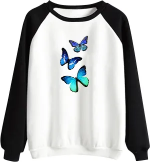 Womens Sweatshirt Long Sleeve Butterfly Print Crew Neck Sweatshirt Casual Print Butterfly Floral Graphic Print Pullover