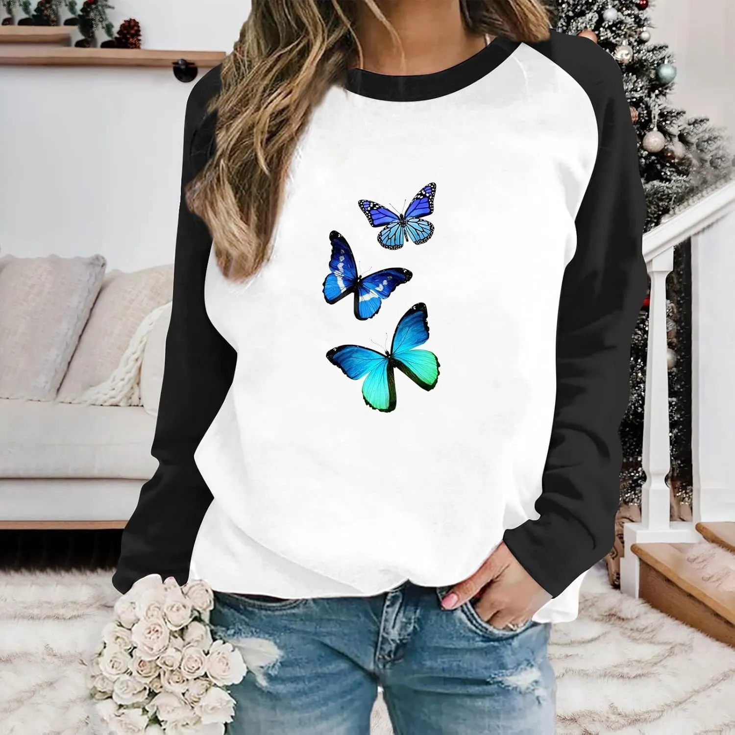 Womens Sweatshirt Long Sleeve Butterfly Print Crew Neck Sweatshirt Casual Print Butterfly Floral Graphic Print Pullover