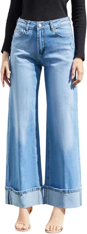 Women's Wide Leg Sweatpant Jeans High Waisted Stretchy Cuffed Baggy Denim Pants