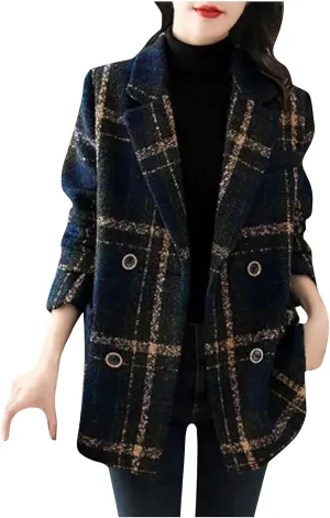 Wool Blazer for Women Pea Coat Notch Lapel Winter Double Breasted Plaid Wool Pea Coat Overcoat Open Front Cardigan