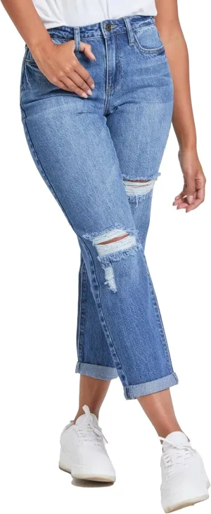 YMI Women's Junior Hybrid Dream Easy Fit Boyfriend Jean with Rolled Cuffed Ankle