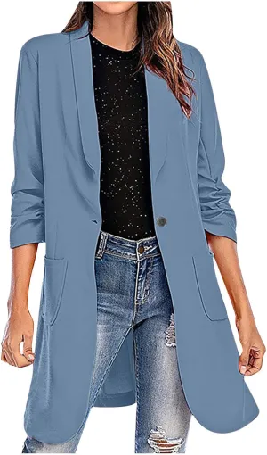 YRAETENM Blazers for Women Casual Ruched 3/4 Sleeve Lapel Collar Long Blazers Oversized Open Front Button Work Office Jackets