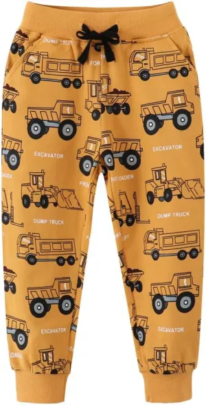 Ysoea Toddler Boys Cotton Jogger Pants Graphic Sweatpants for Boys Kids Athletic Jogger Pants Excavator Rocket Embroidery