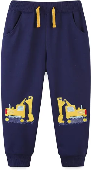 Ysoea Toddler Boys Cotton Jogger Pants Graphic Sweatpants for Boys Kids Athletic Jogger Pants Excavator Rocket Embroidery