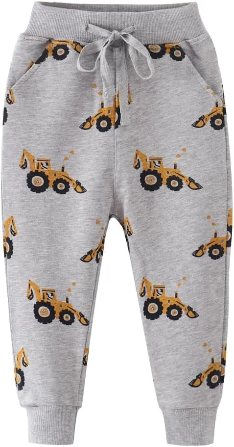 Ysoea Toddler Boys Cotton Jogger Pants Graphic Sweatpants for Boys Kids Athletic Jogger Pants Excavator Rocket Embroidery