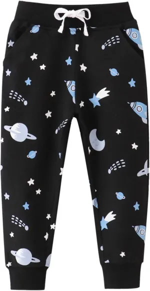 Ysoea Toddler Boys Cotton Jogger Pants Graphic Sweatpants for Boys Kids Athletic Jogger Pants Excavator Rocket Embroidery
