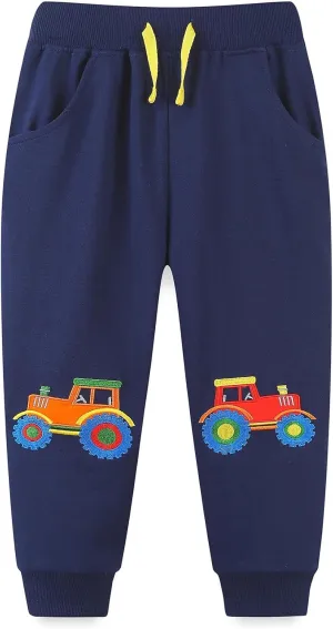 Ysoea Toddler Boys Cotton Jogger Pants Graphic Sweatpants for Boys Kids Athletic Jogger Pants Excavator Rocket Embroidery