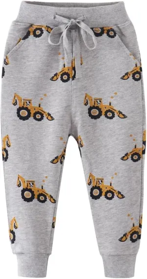 Ysoea Toddler Boys Cotton Jogger Pants Graphic Sweatpants for Boys Kids Athletic Jogger Pants Excavator Rocket Embroidery