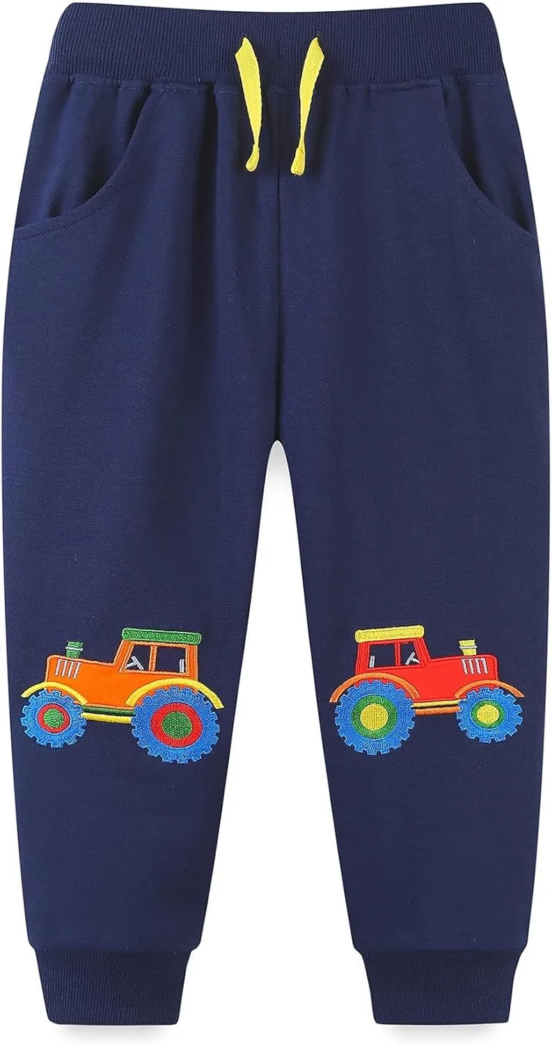 Ysoea Toddler Boys Cotton Jogger Pants Graphic Sweatpants for Boys Kids Athletic Jogger Pants Excavator Rocket Embroidery